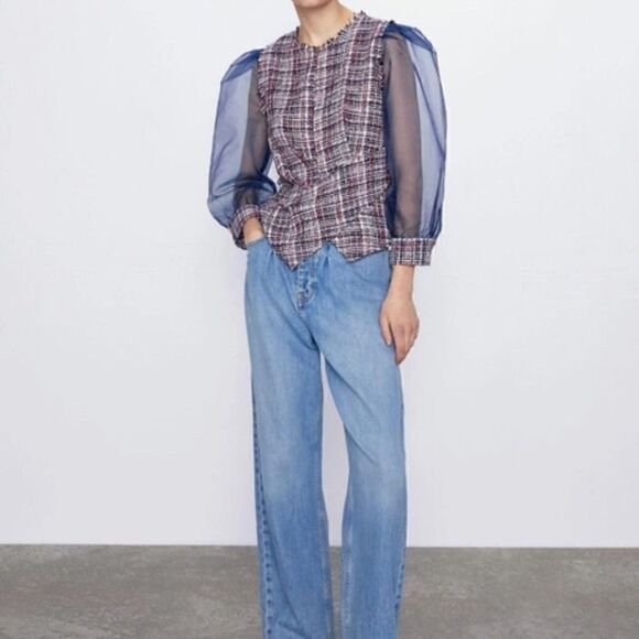 Zara Blue and Red Tweed Organza Top w Blue sheer Puff Long Sleeve M - Picture 2 of 14